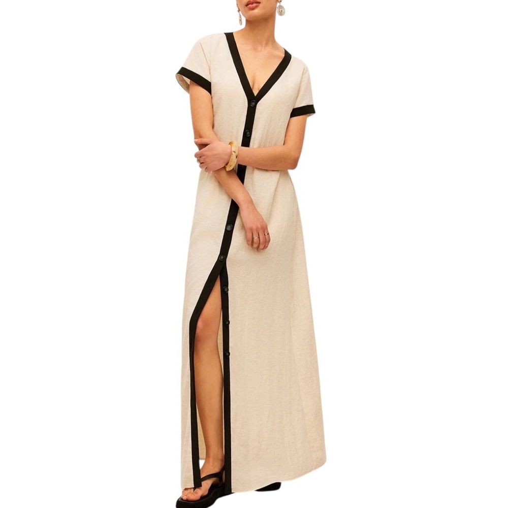 Commense Apricot Black Contrast Trim Button Front Maxi Dress XS NWT Beige - Picture 11 of 11